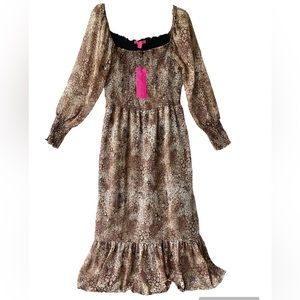 Betsy Johnson Animal Print  Long Sleeve Smocked Midi Dress XL